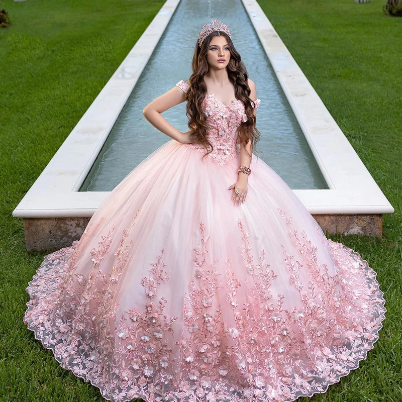 Pink Quinceanera Dress 2024 Sweetheart Off Shoulder Appliques Lace Tull Birthday Princess Gowns Vestidos De 15 Años