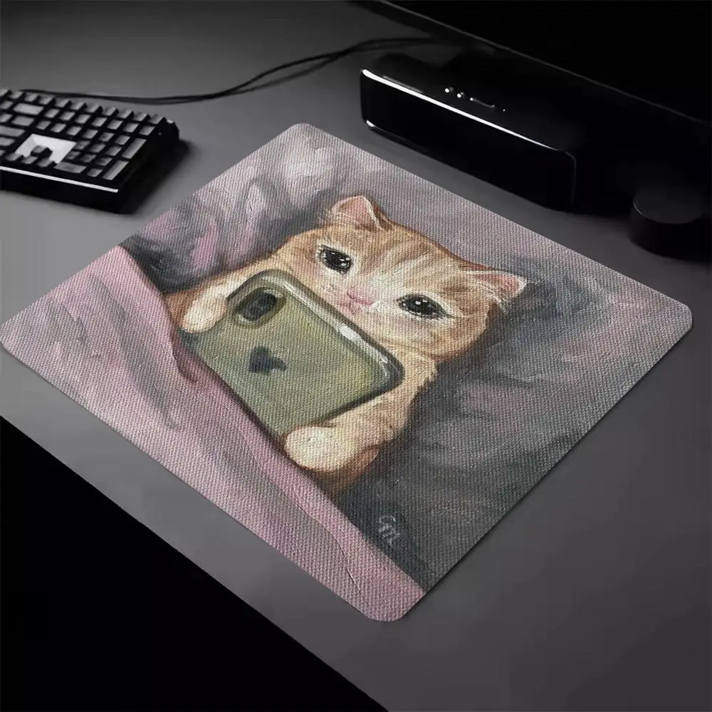 Cute Oil Painting Kitten Small Gaming Mouse Pad Funny Cat Anti-slip Lock Edge Deskmat PC Gamer Laptop Keyboard Desk Protector