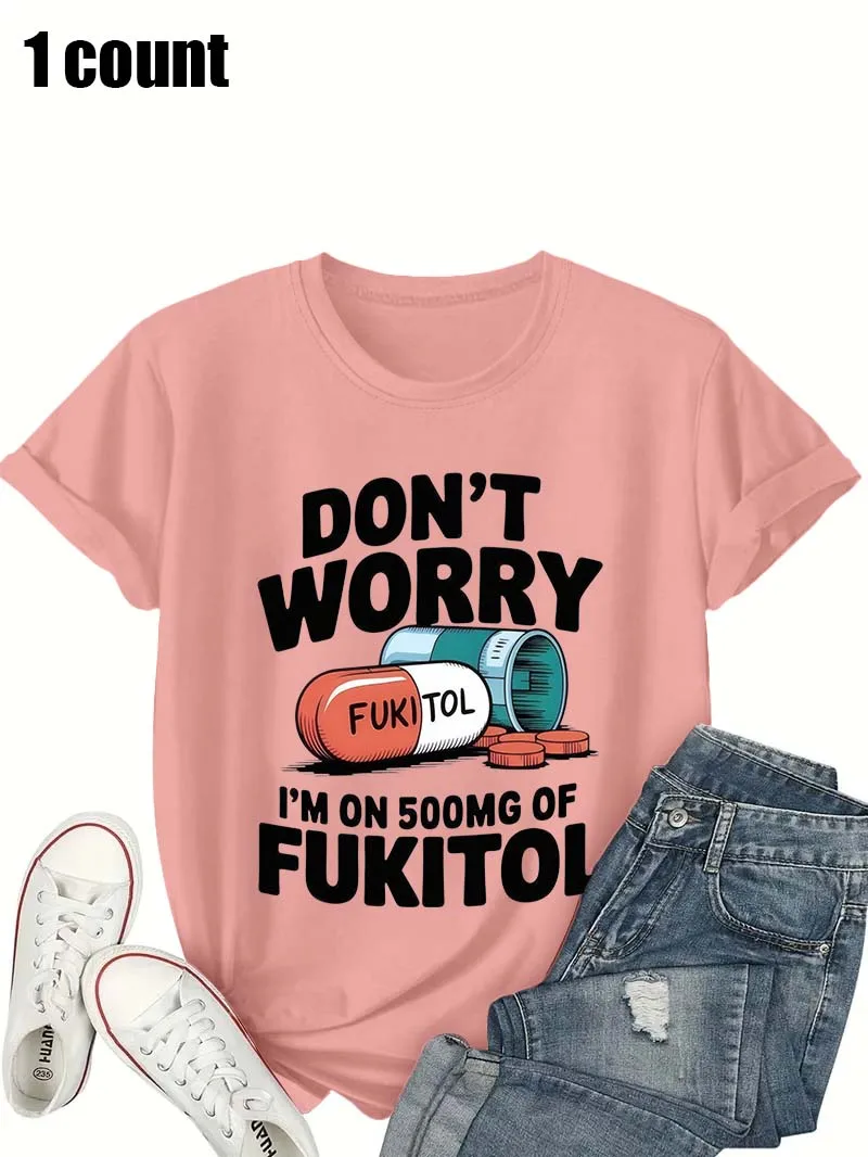 Camiseta de manga corta blanca de talla grande para mujer, camiseta informal divertida con estampado gráfico de pastillas "DON'T WORRY", divertida y relajada