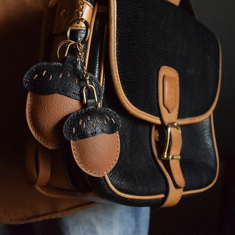 Handmade Leather Acorn Bag Charm Key Ring Purse Bag with Gift Box