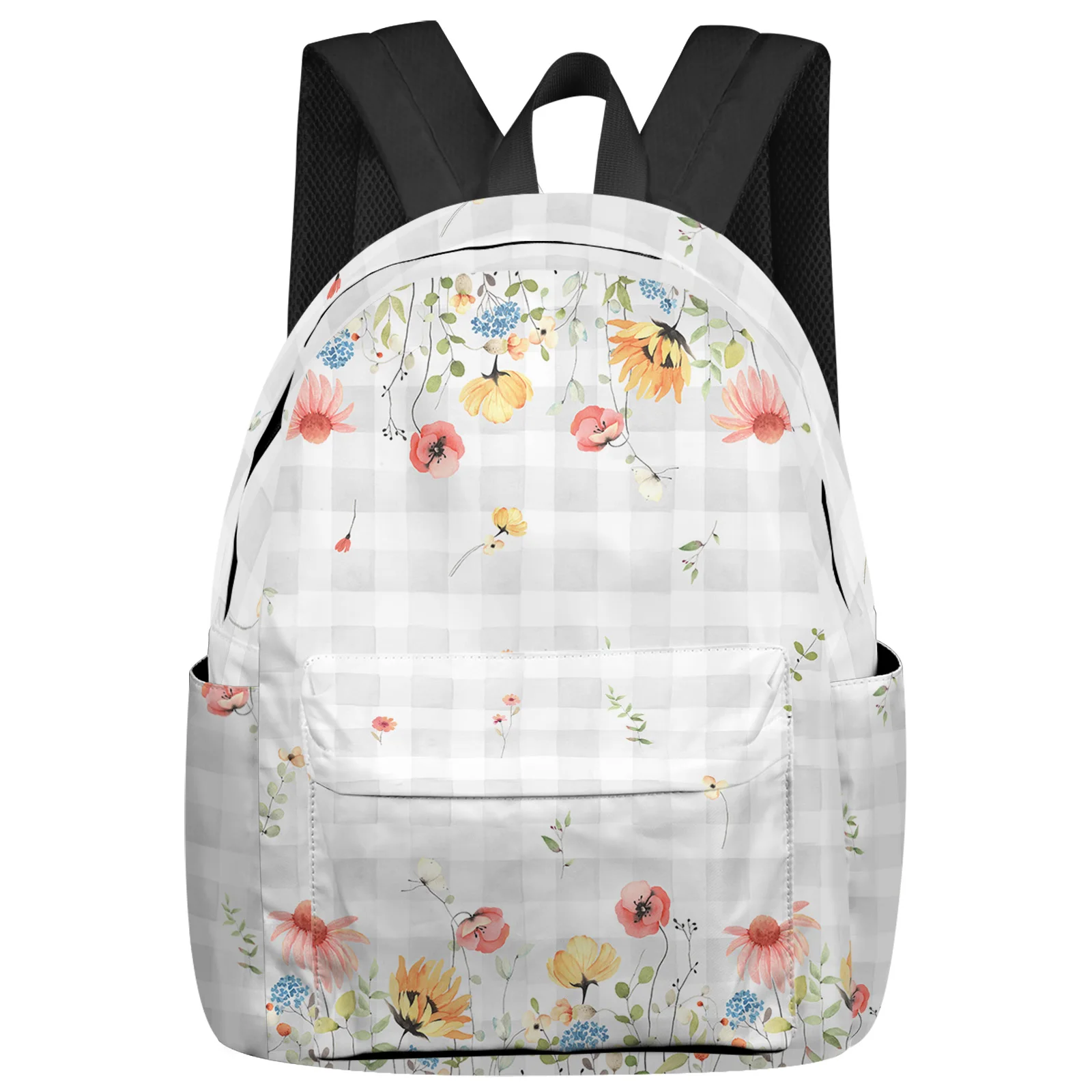 

Spring Watercolor Floral Gray Plaid Student School Bags Laptop Custom Backpack For Men Women Female Travel Mochila