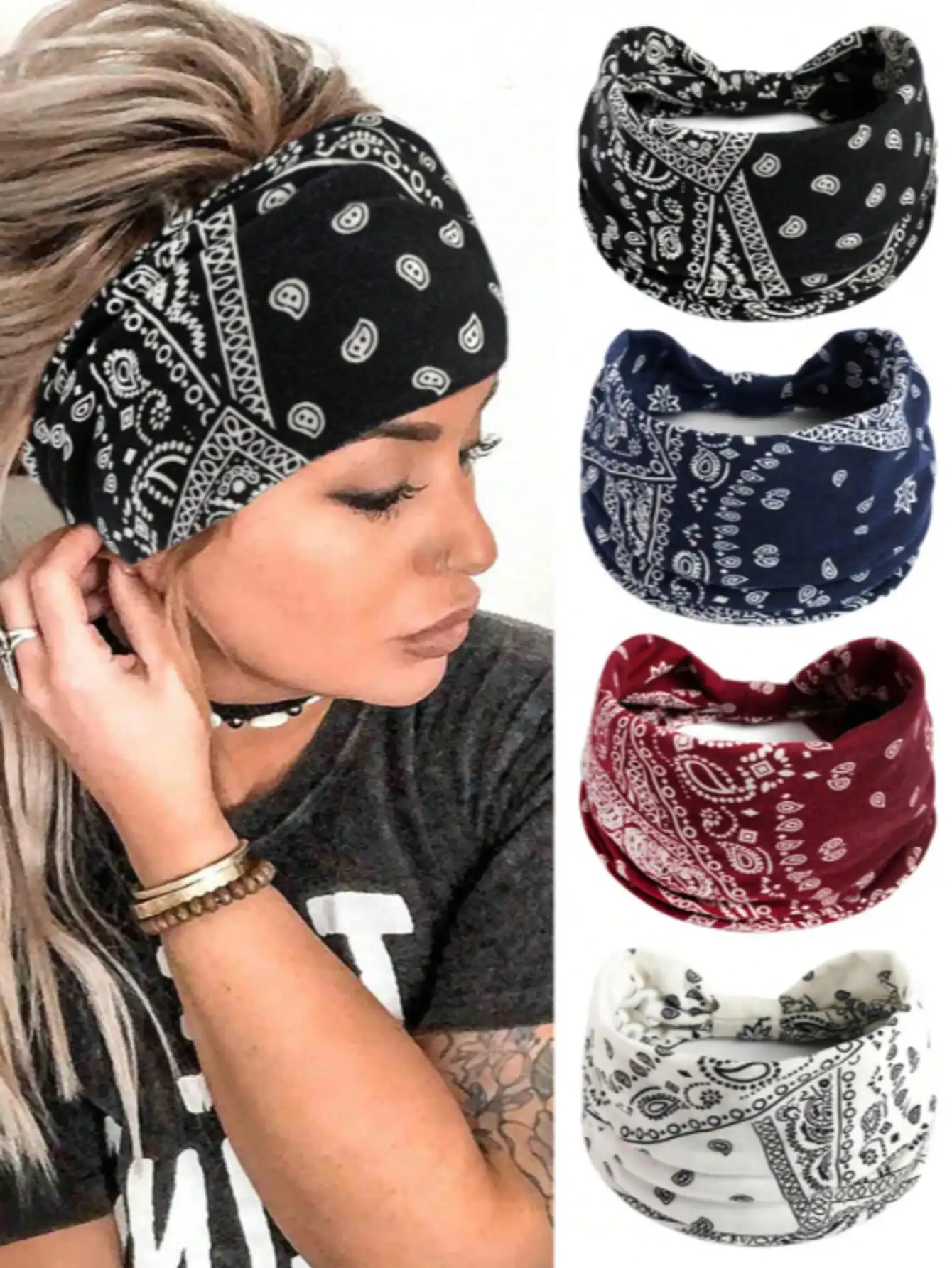 4 Pack Boho Paisley Wide Headbands for Running Yoga Sweat Absorbing Sports Headwrap