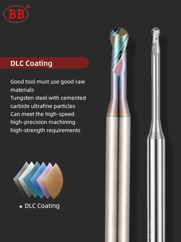 BB Micro Ball End Mill Long Neck Aluminum Copper Small Carbide Milling Cutter CNC Deep Machining Tool R0.1-R0.45