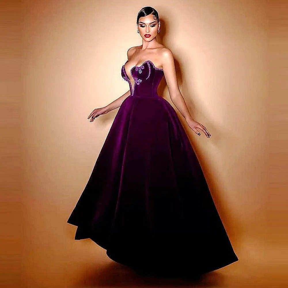Paars fluwelen galajurken lieverd kralen pailletten een lijn corset rug avondjurk