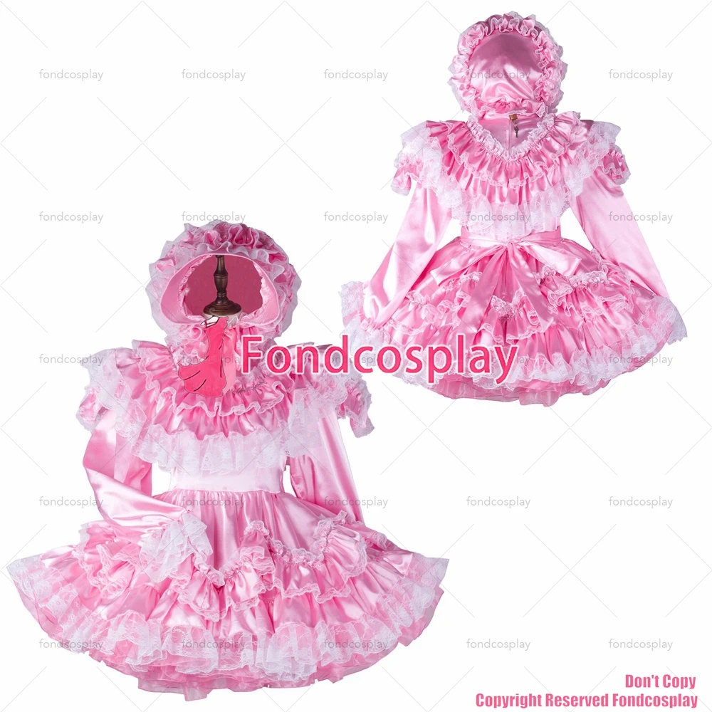 Fondcosplay adulto sexy vestito incrociato sissy maid short baby abito in raso rosa cappuccio con serratura costume uniforme su misura [G2364]