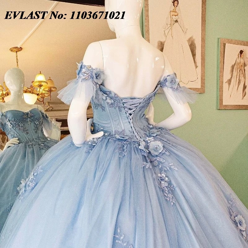 EVLAST ที่กําหนดเองสีฟ้า Quinnceanera ชุดบอลชุด 3D ดอกไม้ Applique ประดับด้วยลูกปัดเม็กซิกันรัดตัวหวาน 16 Vestidos De 15 Anos SQ634