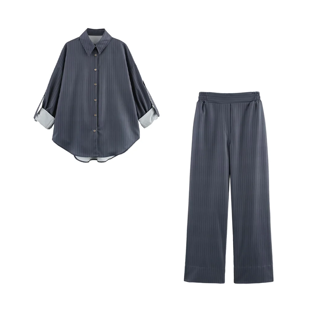 أزياء مخطط بانت مجموعات لسيدة عارضة التلبيب الياقة كم طويل قميص مخطط مع علامة تبويب زرر مطابقة مريح بنطال ذو قصة أرجل واسعة #3