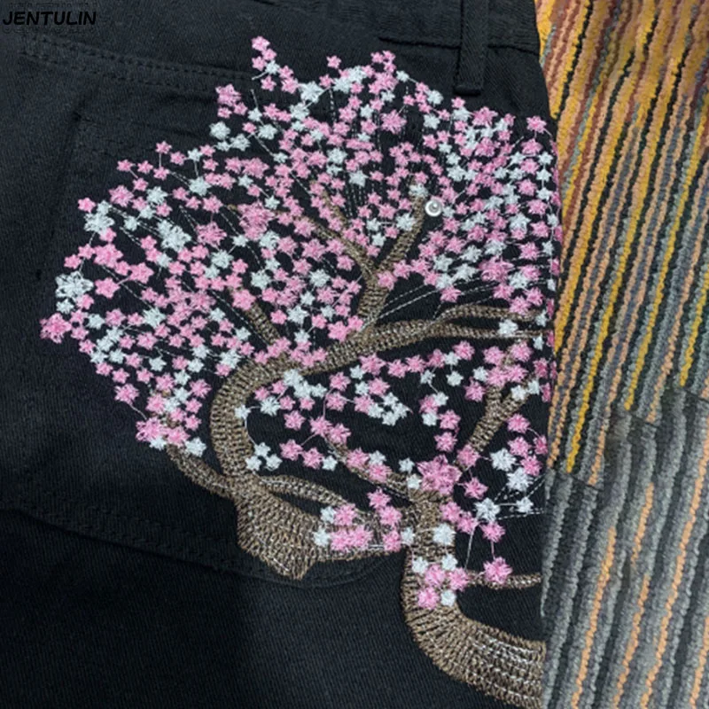 

Y2K Baggy jeans Cherry Blossom Selvedge Embroidery Denim Pants Men Women Denim Fabric American Hip Hop Streetwear Wide Leg Jeans