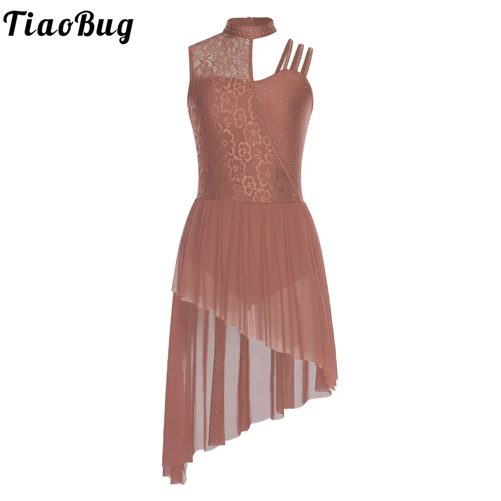 

Women Leotards Dance Dress for Lyrical Figure Skating Performance Costume Floral Lace Rhinestones Asymmetrical Hem Leotard Dress