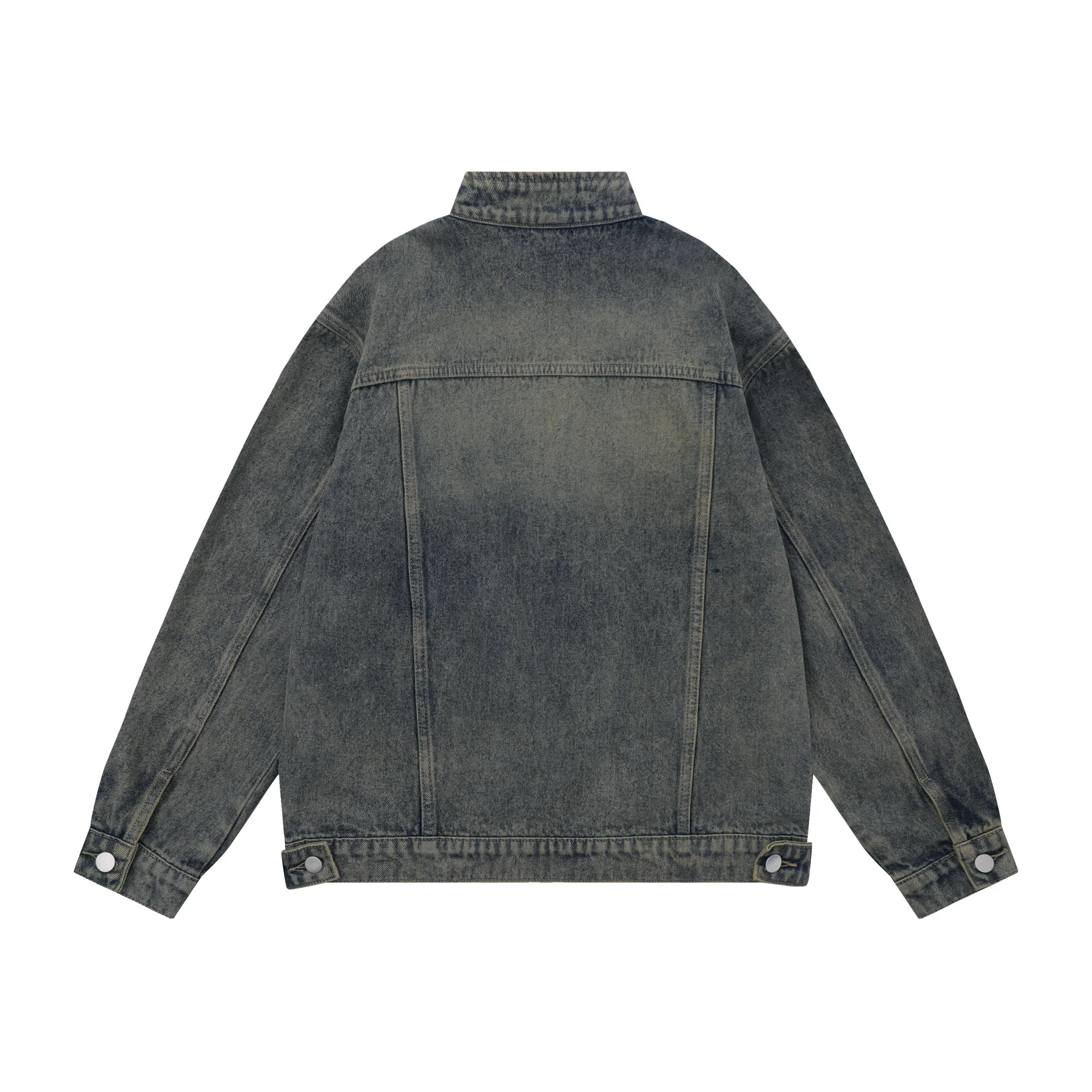 Men Stand Collar Pleated Patch Denim Jackets Embroidery Letter Zipper Oversized Motorcycle Jeans Coat