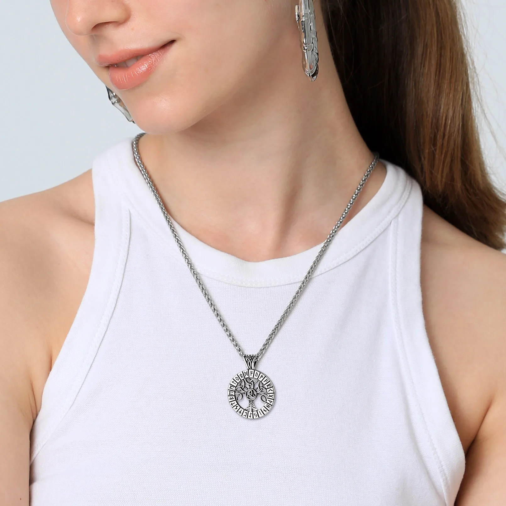 U7 Stainless Steel Nordic Viking Rune Necklaces for Men Woman Norse Mythology Power Symbol Runic Sun Valknut Hammer Jewelry Gift