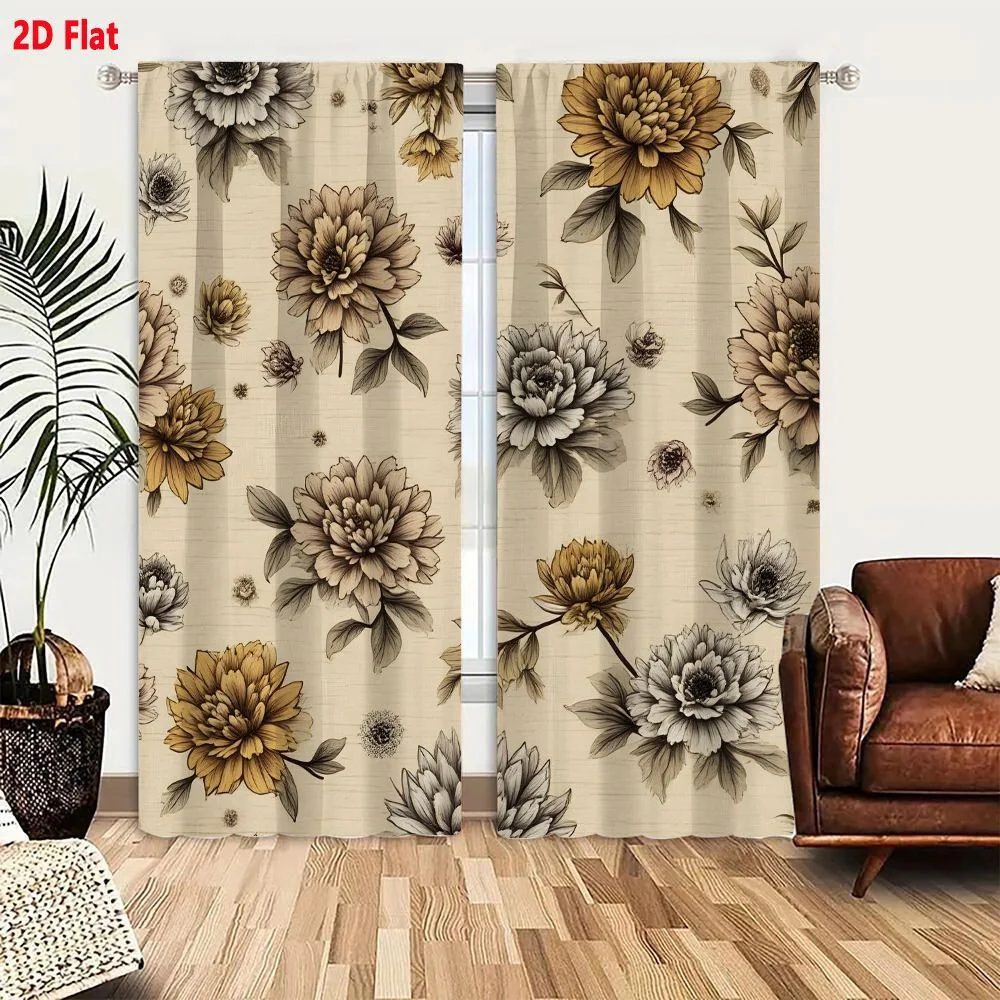 2Pcs Curtains Vintage Floral Pattern On Beige Textured Background Featuring Sepia Dahlias And Muted Gold Botanical Illustrations