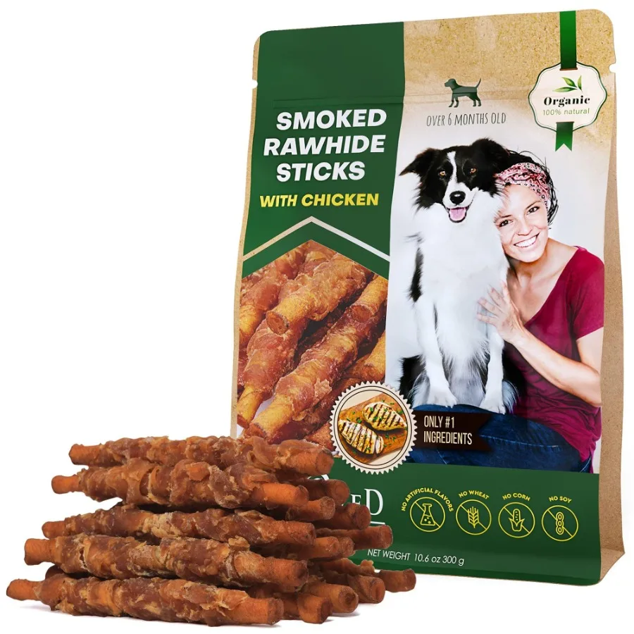 

Dog Smoked Rawhide Sticks Wrapped Chicken Pet Natural Chew Treats Grain Free Organic Meat Healthy Human Grade Dried Snacks in B