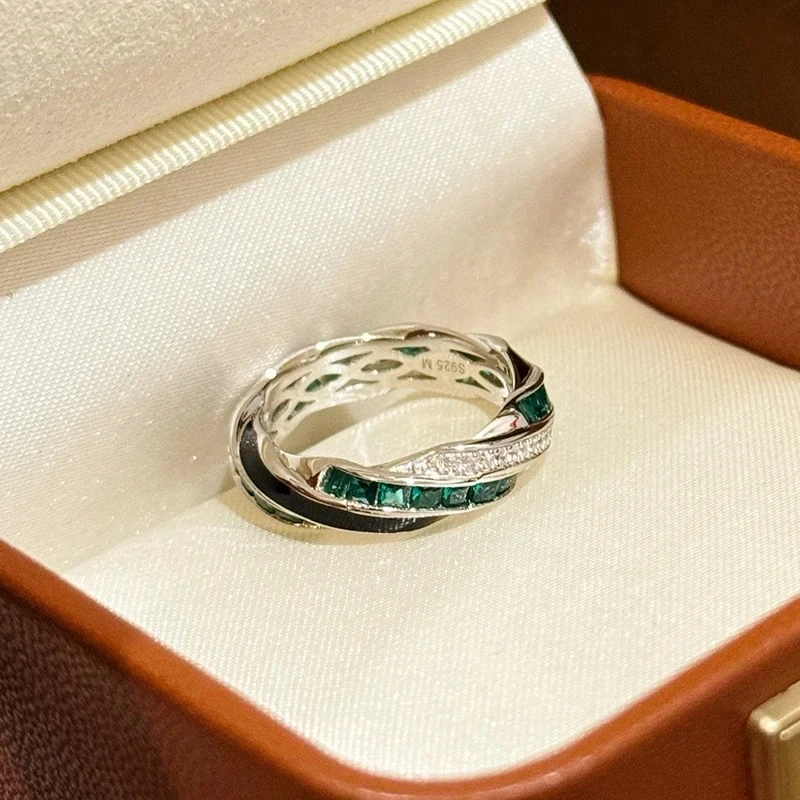 

925 Sterling Silver High-end Emerald Black Row Diamond Rotating Green Diamond Splicing Ladies' Ring Wedding Jewelry