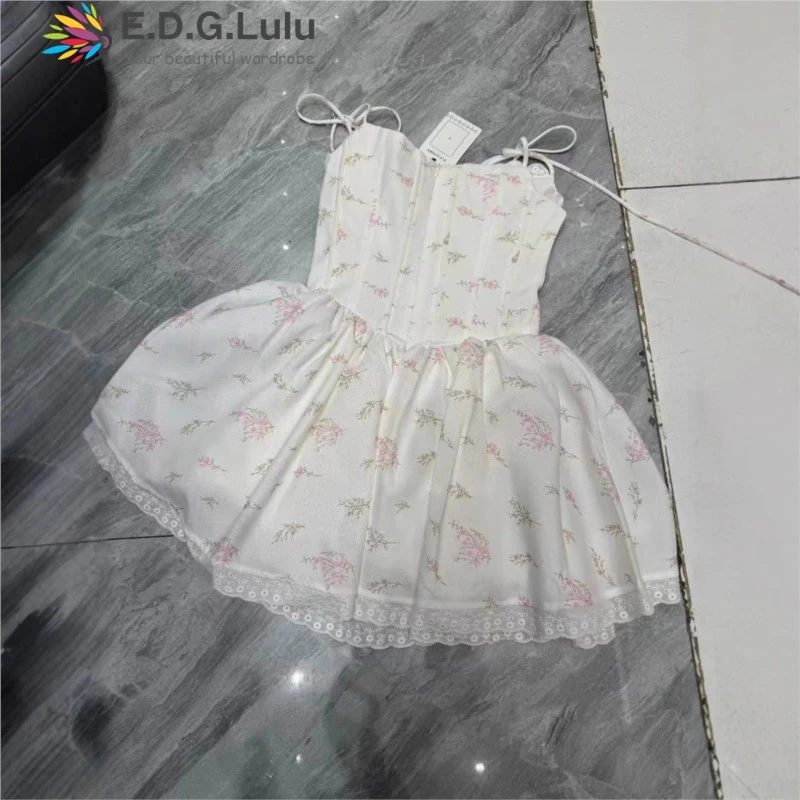 EDGLuLu Sommerkleid mit quadratischem Kragen, Spitze, Spleißen, Hosenträger, Damen, 2022, Strandurlaub, rückenfrei, Blumendruck, Minikleid