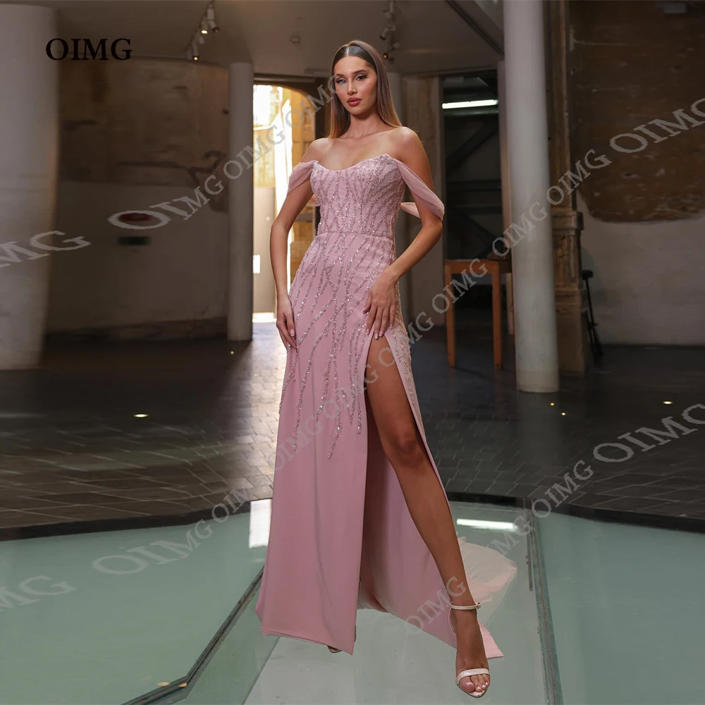 

OIMG Pink Sequins Long Slit Evening Dresses Sweetheart Saudi Arabic Dubai Formal Club Cocktail Shiny Prom Party Gowns Dress 2023