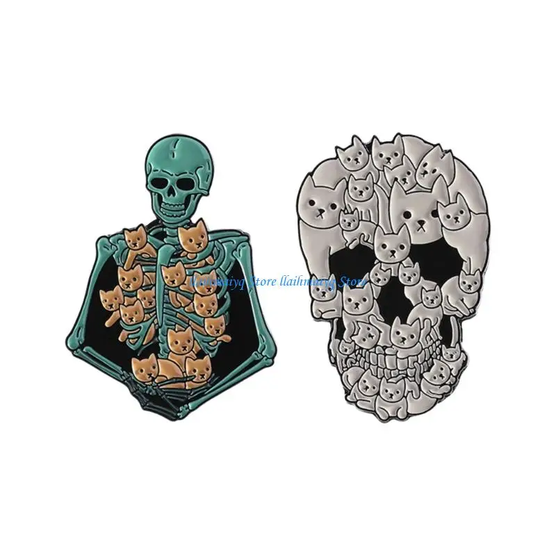 

573B Funny Cats Skull Pin For Casual Outfits Parties Secure Clasp Jewelry Gift