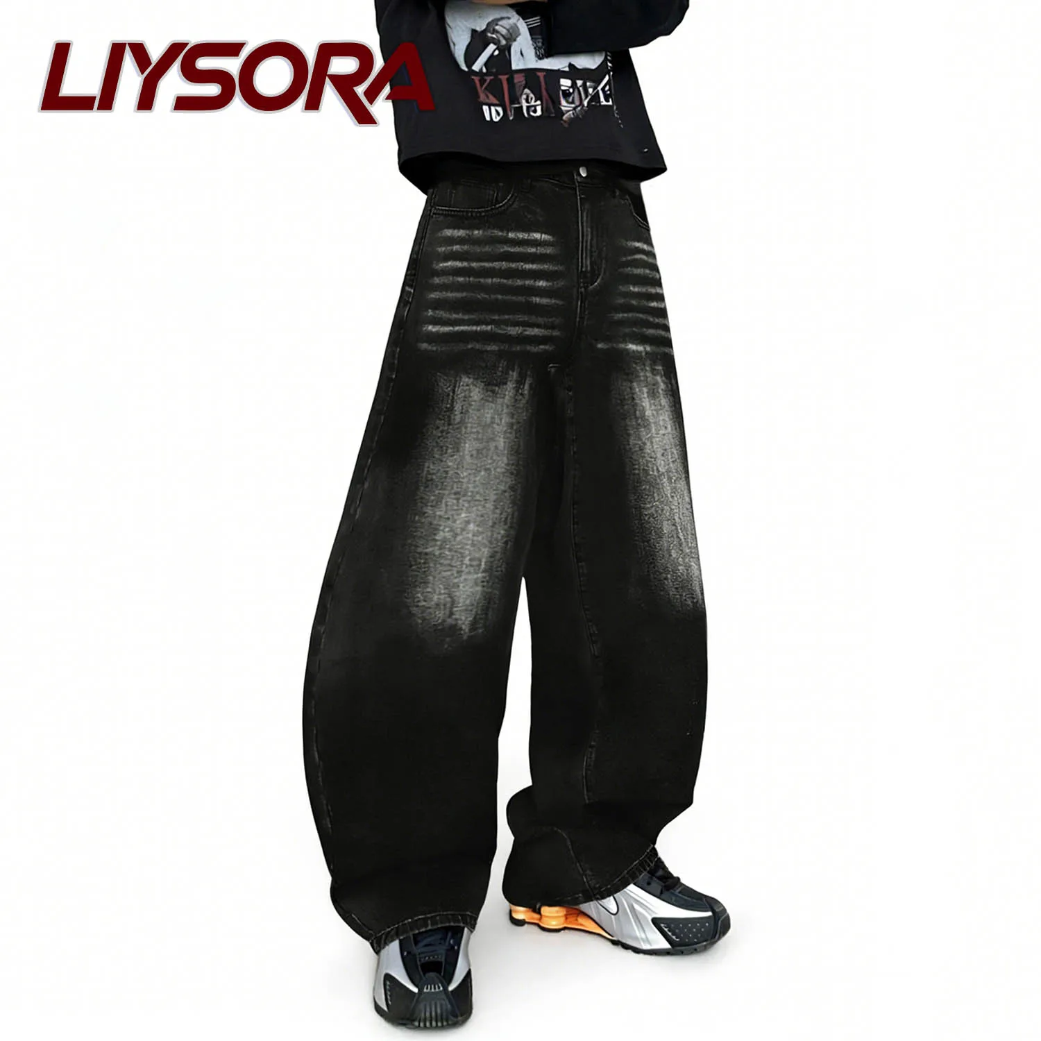 هاي ستريت الرجال ريترو الجينز الأسود جديد الكورية فضفاض واسعة الساق منحني سكين الدنيم السراويل فضفاضة بلون الذكور العصرية الدينيم الجينز