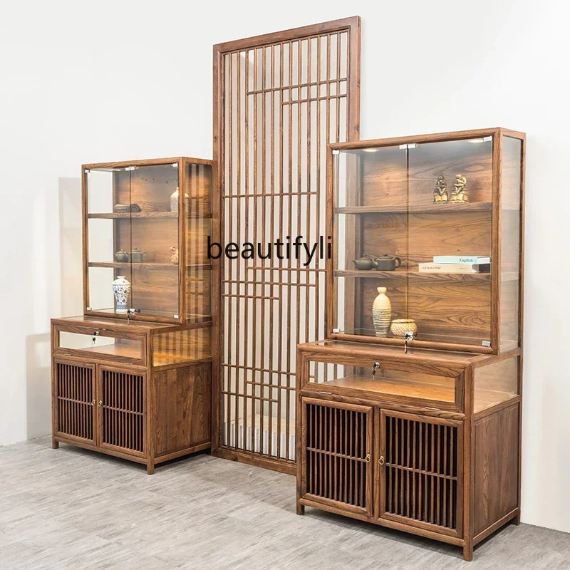 182C Transparent glass counter museum display cabinet Chinese solid wood, jewelry island cabinet