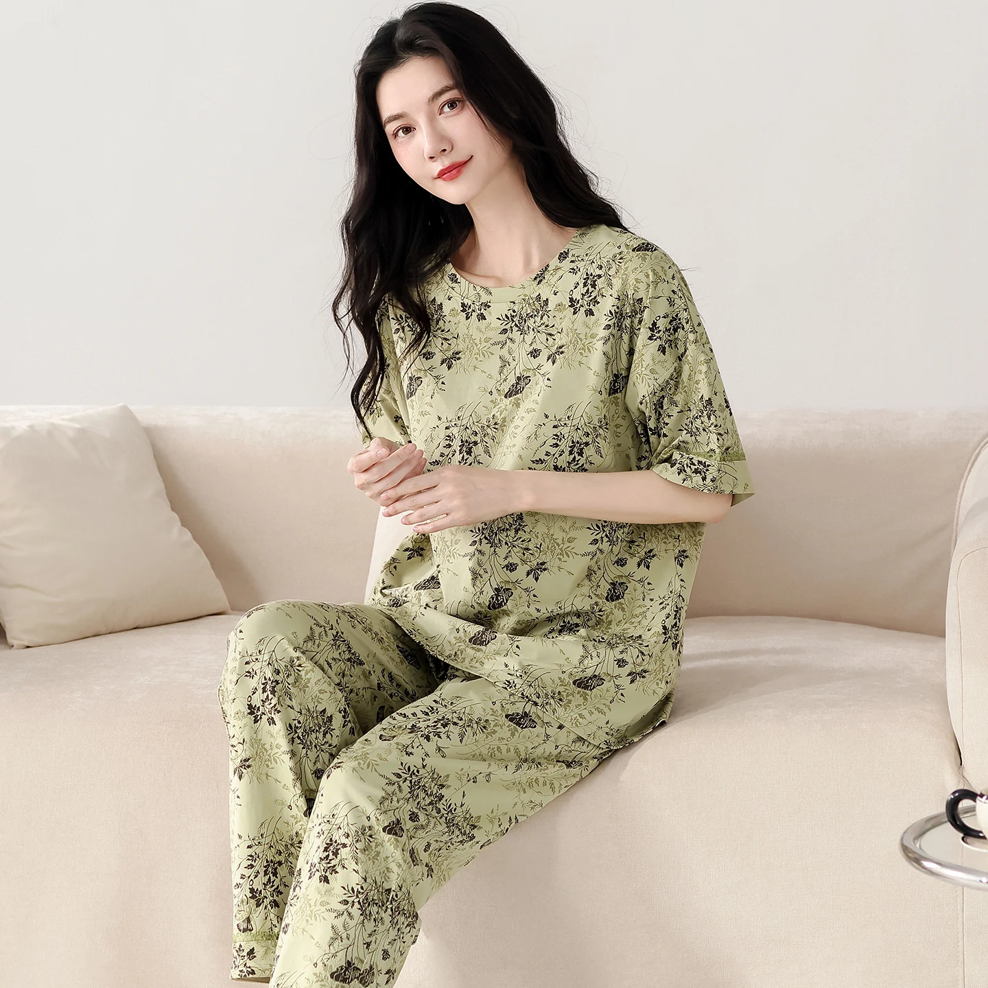 Summer Short Sleeve Women Modal Pajamas Set Fashion Florals Long Pants Pijamas Sleepwear 2Pcs Pullover Pyjamas For Young Lady