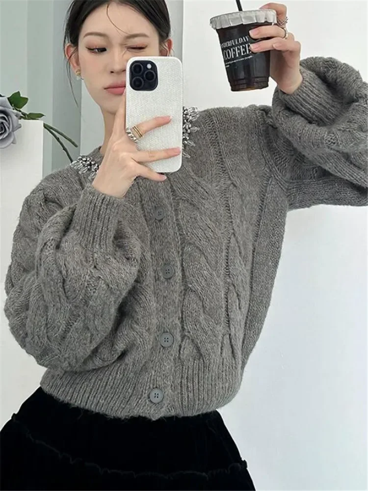 Celebrity Girl Fashion Glitter Rhinestone Grey Sweater Elegant Design O Neck Knit Cardigan New Fall Long Sleeve Short Top Jumper