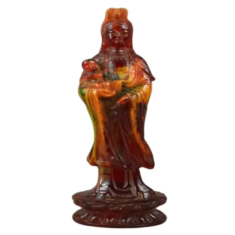 China Rare Old Amber Carving Efficacy Kwan-Yin Send You Child Noble Statue