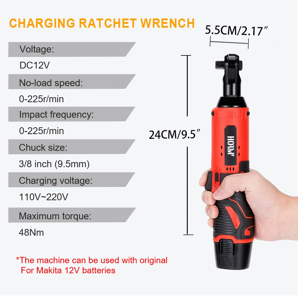 12V Cordless Electric Wrench Ratchet Wrench 65N.m Rechargeable 3/8 Right Angle Drill Screwdriver Power Tool with Lithium Battery