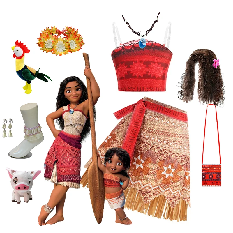 

Новое платье принцессы Диснея Моана Вайаны для девочек и взрослых, состоящий из двух предметов, полинезийский костюм, идеально подходящий для вечеринок на Хэллоуин и ролевых игр