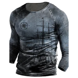 Men's Long Sleeve Graphic 3D Compass Boat Casual Sports Outdoor Sports T-Shirt Fitness Retro Classic Long Sleeve Top