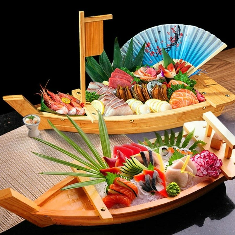

Luxury Wooden Sushi Boat Dry Ice Boat Sashimi Platter Sushi Container Tableware Japanese Cuisine Sashimi Boat Bamboo Sushi Tools