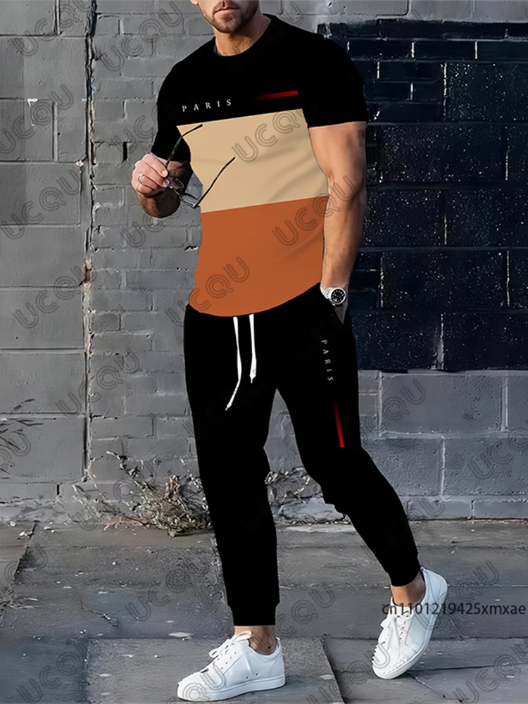 

Мужские брюки, спортивный костюм, комплект из 2 предметов, Париж, цветной принт, осенняя спортивная футболка для бега с короткими рукавами + длинные брюки, повседневная одежда