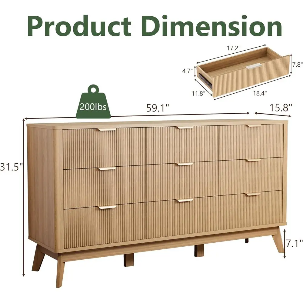 Large commode en bois massif à 9 tiroirs en chêne naturel pour le rangement de la chambre à coucher et les espaces de vie