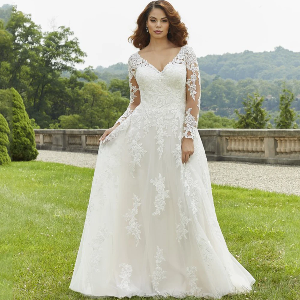 

Modern Bridal Wedding Dress Deep V-Neck Illusion Tulle Applique A-Line Floor Length Sexy Open Back Customized Bride Gowns