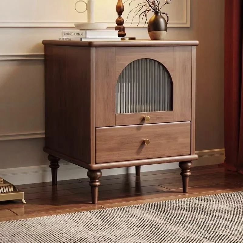 

French retro solid wood bedside table, bedroom small apartment, American medieval black storage cabinet, new bedside table