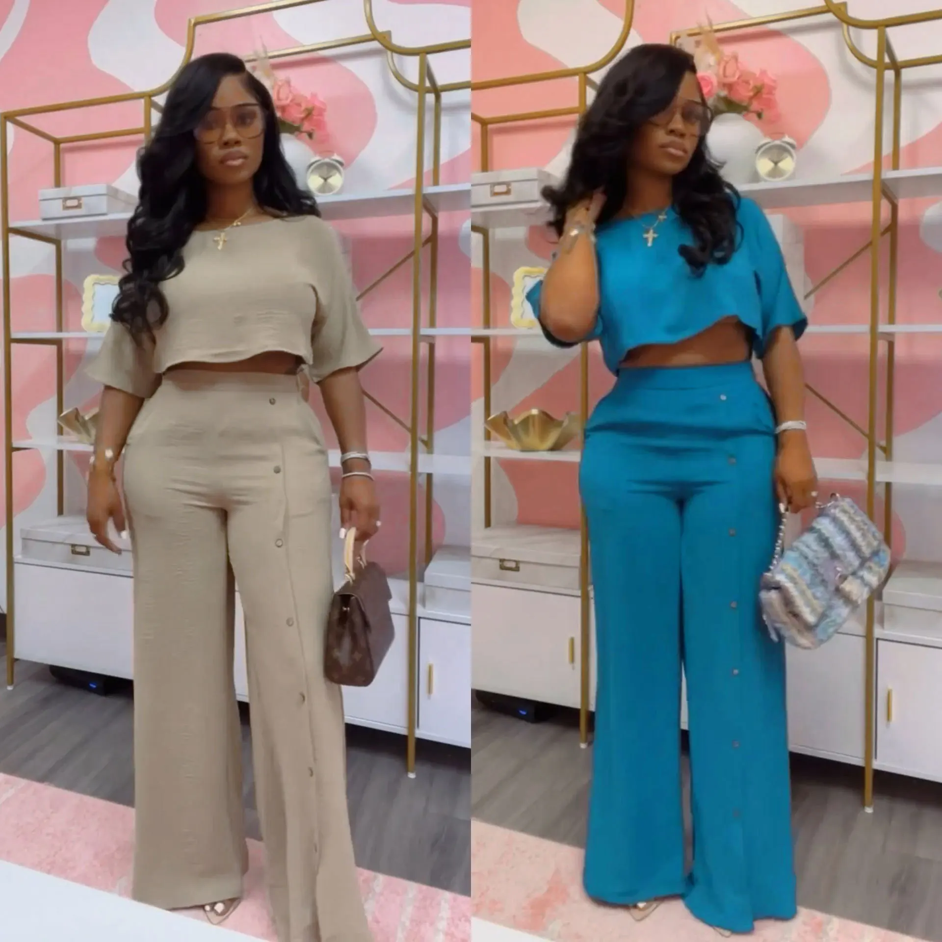 

Women's Solid Color Round Neck Short Sleeved Top and Wide Leg Pants Two-piece Set for Summer 2025