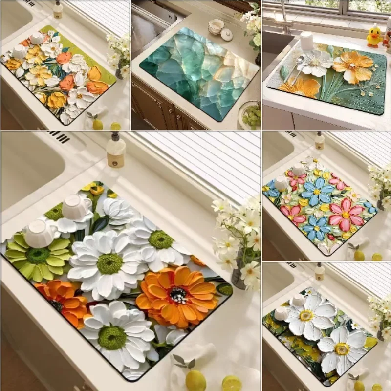 Oil Painting Style Kitchen Utensil Drain Pad Coffee Machine Countertop Absorbent Pad Insulated Bar Counter Anti Scald Pad