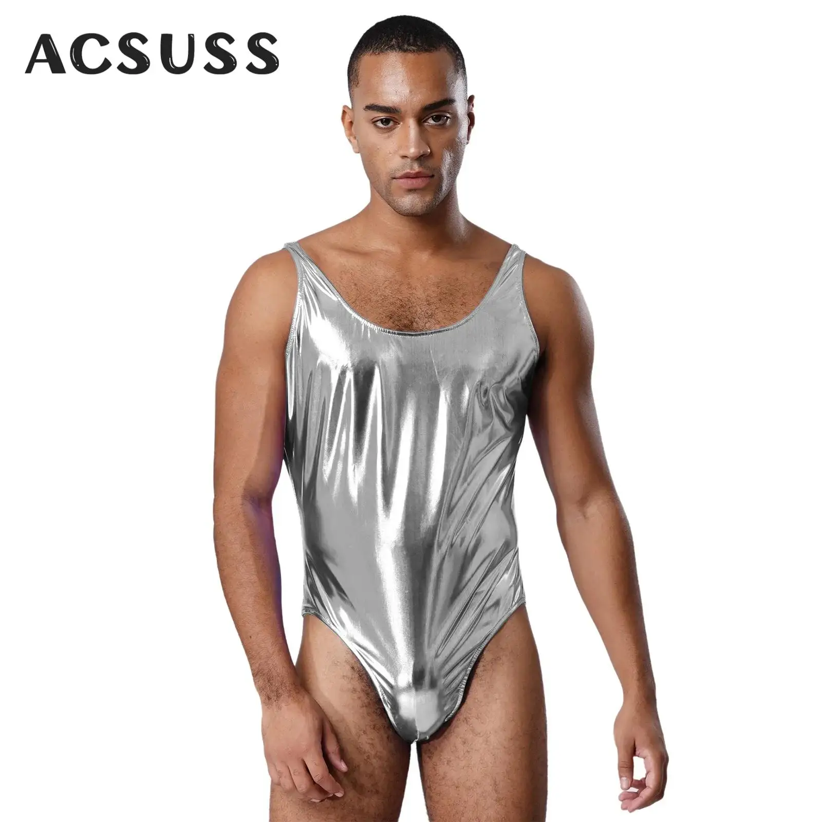 

Men Metallic Shiny Jumpsuit One Piece Swimsuit Sleeveless Dance Gymnastics Leotard Bodysuit Rave Party Pole Dancing Clubwear