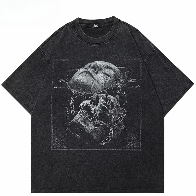 Hip‑Hop Streetwear Cracked Face Skull Graphic T‑shirt Unisex Retro Washed Black Cotton Harajuku Short Sleeve Casual Tops