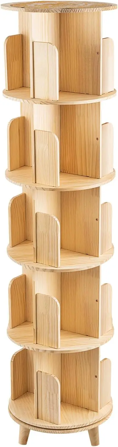 5 Tier Rotating Bookcase With Legs,360°Display Wood Round Bookshelf,Swivel Bookcase