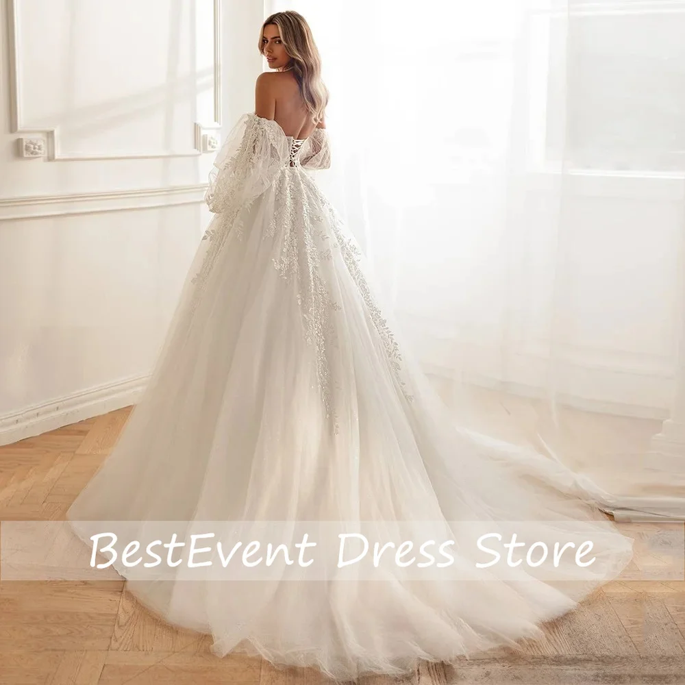 Princess White Bride Wedding Dress Puff Sleeves Sweetheart Illusion Body Applique Sweep Train Soft Tulle Bridal Gown Customized