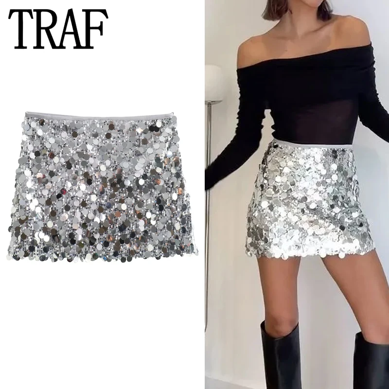 

TRAF Silver Sequin Skirt Women Glitter High Waist Mini Skirt Woman Fashion Party Short Skirts For Women Elegant Women's Skirts