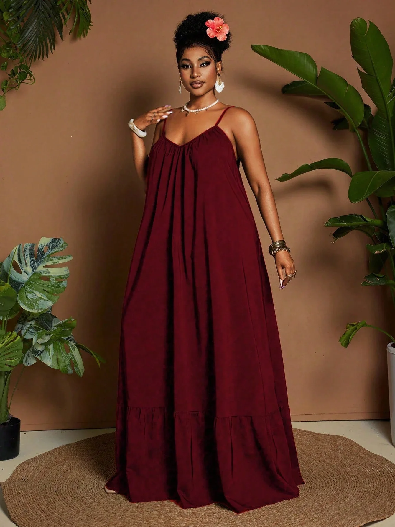 

Plus Size Women Casual Vacation Solid Color Spaghetti Strap Loose Flowy Maxi Dress