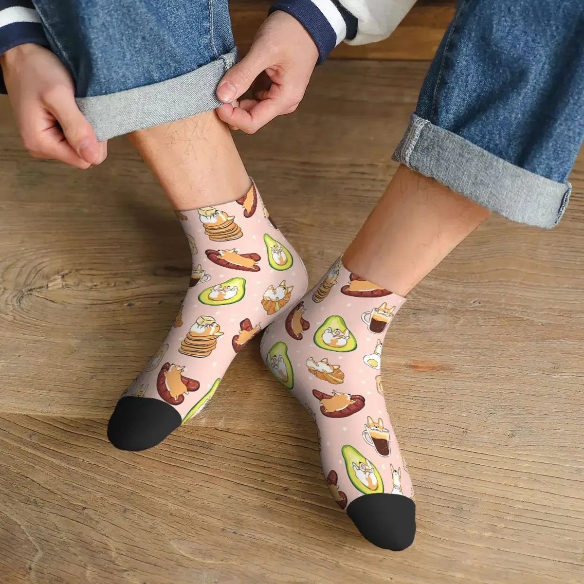 Pink Breakfast Corgi Ankle Socks Male Mens Women Spring Stockings Printed