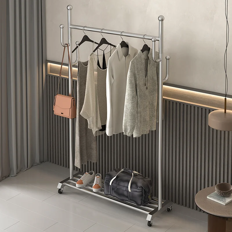 Custom Stainless Steel Clothes Floor Hanger Rack Bedroom Home Dormitory Balcony Drying Rack Mobile Coat Rack with Wheels