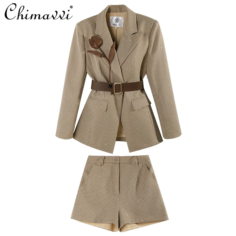 

2024 French Autumn Hot Diamond Thousand Bird Grid Coat Flower Decoration with Shorts Commuter Suit For Women