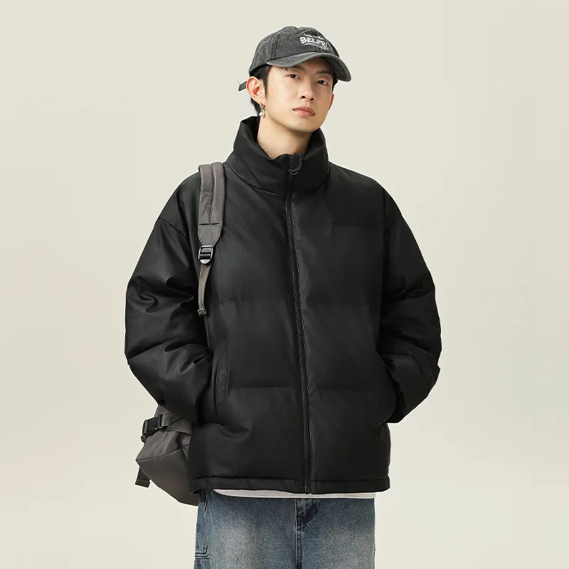 

American Style Short Stand Collar Leather Cotton Jacket for Men Winter Thickened Cotton Coat Solid Color Versatile Trendy 9Y30