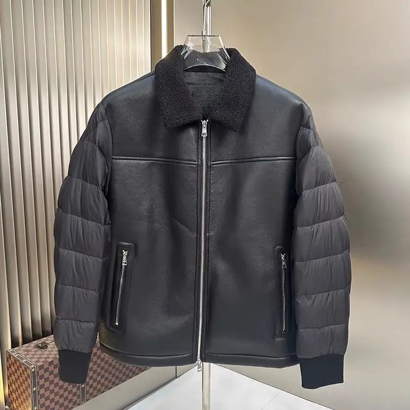 

2025 Winter Men's Luxury Bomber Jacket, Plush Shearling Collar & Leather Trim, Warm Puffer Coat