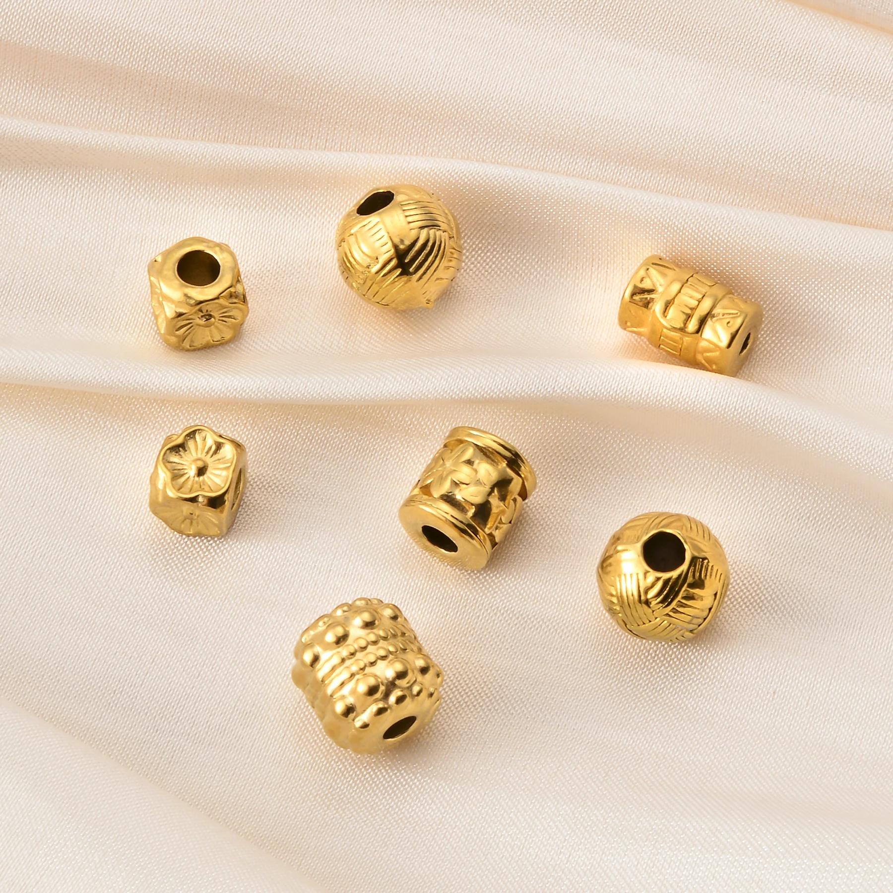 10 buah manik-manik bola bunga tabung silinder berlapis emas untuk buatan tangan membuat gelang kalung logam baja tahan karat Aksesori