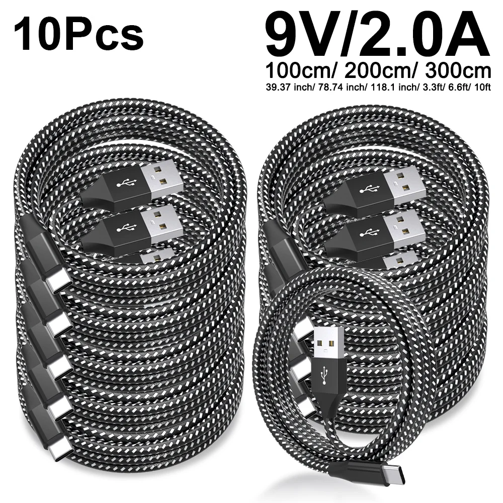 

10 шт., 5 шт., 2 шт., нейлоновый плетеный кабель USB A to Type C, провод для быстрой зарядки, шнур для передачи данных для Xiaomi Huawei P30 P40 Pro Samsung S21 Ultra