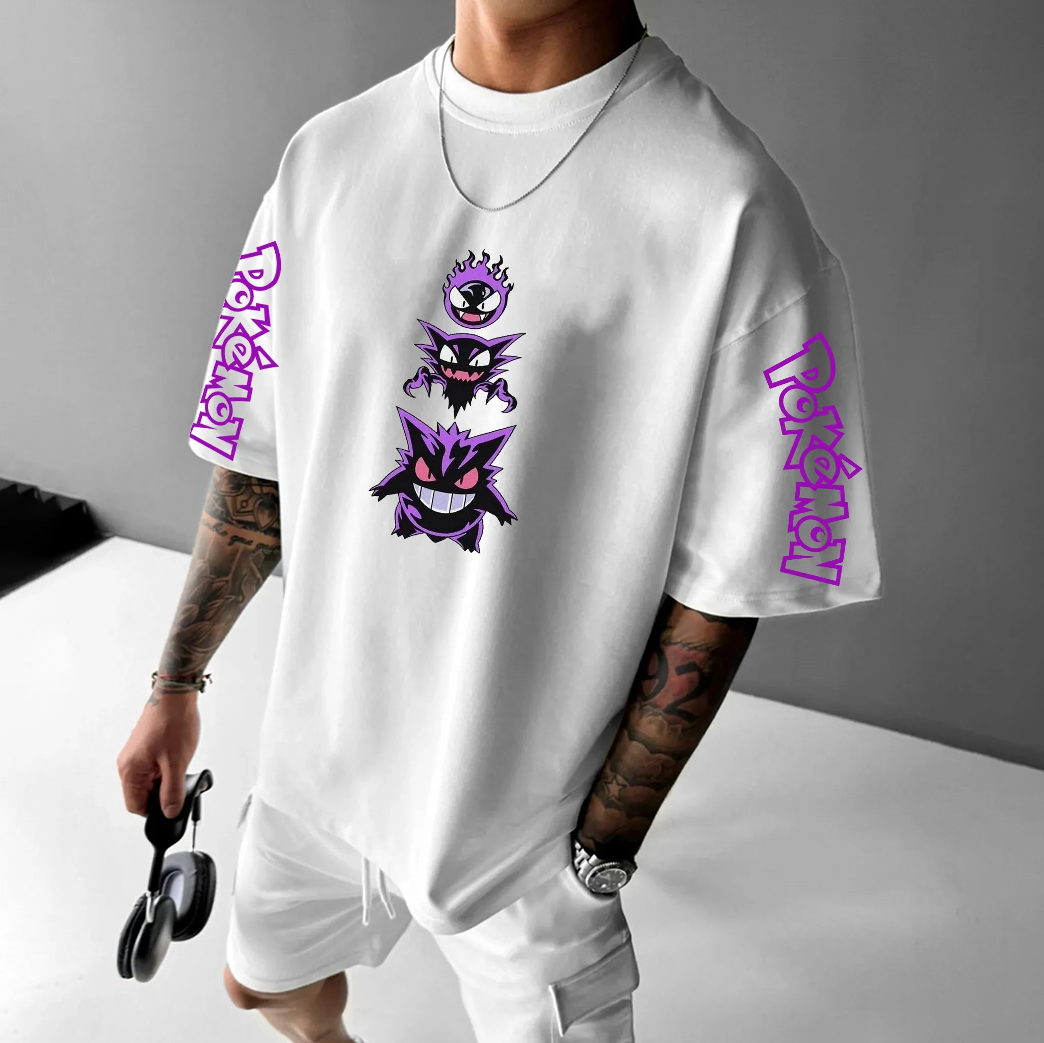 Camiseta informal de manga corta con estampado de elementos de Pokémon para primavera y otoño, Pikachu, hombres y mujeres, adultos y niños, con hombros descubiertos